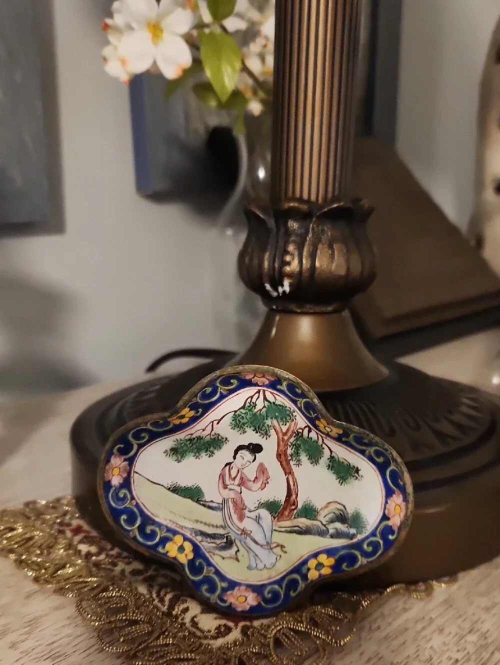 Antique Chinese Canton Enamel Quatrefoil Pin Dish Copper/Enamel